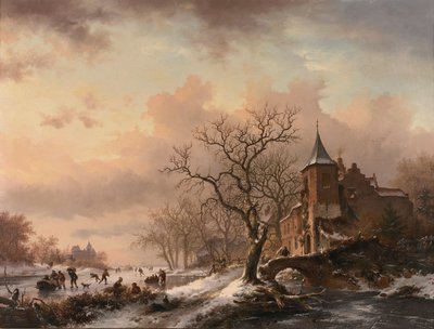Castillo en un paisaje invernal y patinadores en un río helado de Fredrik Marinus Kruseman
