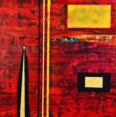 Figura abstracta en rojo y dorado de Fredrik Olsen