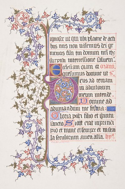 Hoja iluminada con inicial E recto, borde de vid verso, 1830-62 de Freeman Gage Delamotte