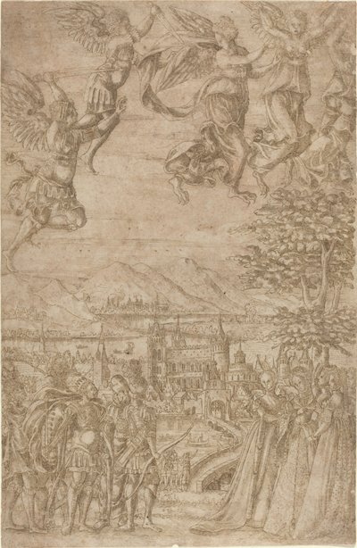 Un rey y su séquito confrontando a damas bajo una batalla celestial de French 17th Century