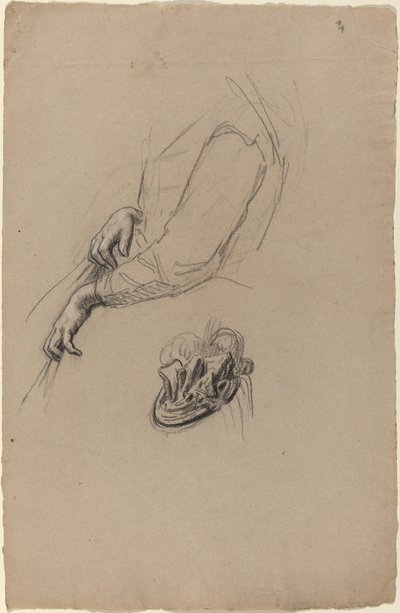 Manos de una joven y sombrero con cintas de French 19th Century