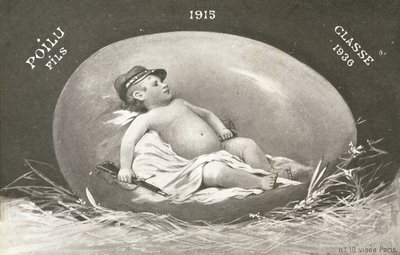 Tarjeta de Pascua de 1915 mostrando un bebé soldado armado en un huevo de French Photographer
