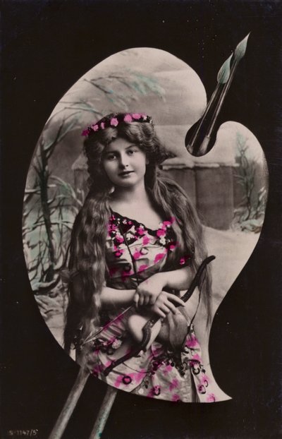 Una joven con arco y flecha representada en una paleta de artista de French Photographer