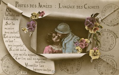 Tarjeta explicando los usos de las postales para aquellos con hombres en el ejército de French Photographer