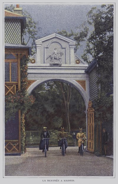 Ciclistas regresando al Château de Madrid en el Bois de Boulogne, París, después de un paseo (foto a color) de French Photographer