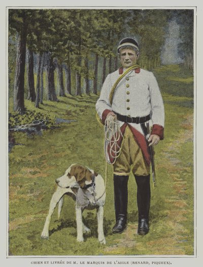 Perro de caza y cazador con el uniforme de la caza del Marqués de l