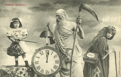 Tarjeta de Año Nuevo con el Padre Tiempo (foto b/n) de French Photographer