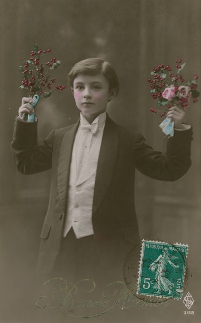 Postal de un niño con corbata blanca y frac sosteniendo flores y bayas, enviada en 1913 de French Photographer