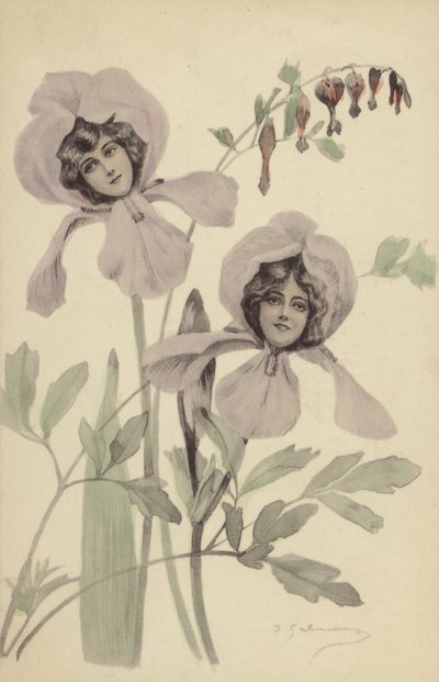Dos flores de iris cada una con el rostro de una joven de French Photographer