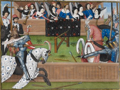 (Miniatura). Caballeros justando en un torneo medieval. Una lanza está rota. de French School