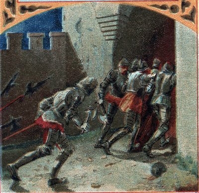 Guerra de los Cien Años: el ejército de los borgoñones tomó el castillo de Pierrefonds por traición (siglo XIV). Cromolitografía de finales del siglo XIX. de French School