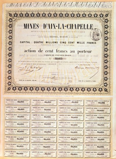 Acción al portador de 100 francos de las minas de Aquisgrán, 1856 de French School