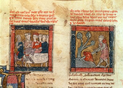 Galahad llega a Arturo y Galahad saca la espada de la piedra flotante en el río en Camelot, c.1250-80 de French School