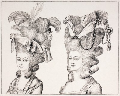 Chicas francesas del siglo XVIII con peinados y sombreros extravagantes, 1875 de French School