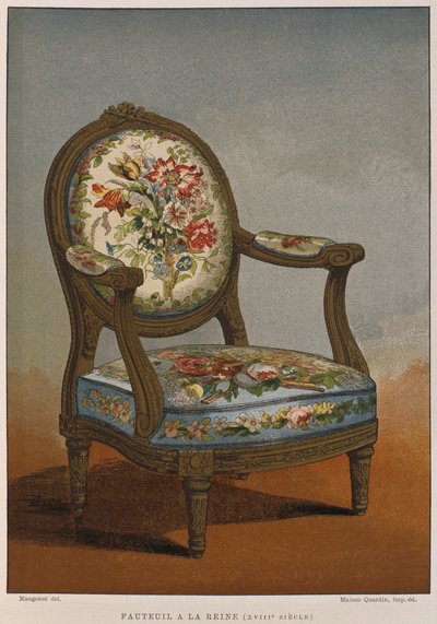 Sillón a la reina del siglo XVIII con tapicería floreada, ilustración del Dictionnaire de l