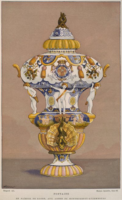 Fuente de loza del siglo XVIII con el escudo de armas de Montmorency Luxembourg, fabricada en Rouen, ilustración del Dictionnaire de l