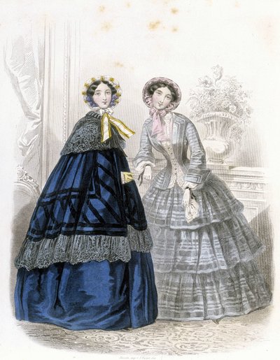 2 mujeres a la moda: en atuendo - en "Journal des Demoiselles" 1852 (grabado) de French School
