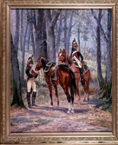 2 jinetes del 8º Dragones, enviados como exploradores, pintura 65 x 58 cm, óleo sobre lienzo de De Villeneuve, pintor militar finales del siglo XIX de French School