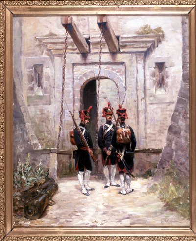 3 artilleros convertidos, pintura 65 x 58 cm, óleo sobre lienzo de De Villeneuve, pintor militar de finales del siglo XIX de French School