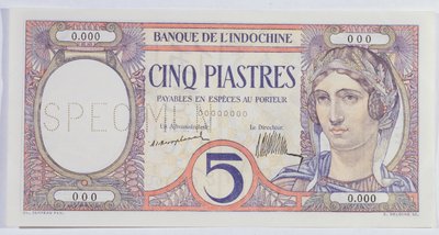 Billete de 5 piastras, del banco de Indochina de French School