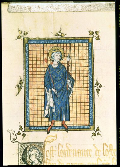 Rey San Luis llevando el Cetro y la Mano de la Justicia, del Registro de Ordenanzas del Hotel del Rey, c.1320 de French School