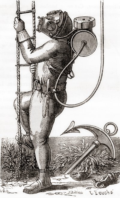 Un buzo de aguas profundas del siglo XIX con traje de buceo recubierto de goma con casco y regulador de tanque, de 