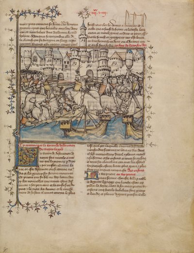 Una batalla de la guerra de Troya, c.1390-1400 (temple, lavados y pan de oro sobre pergamino) de French School