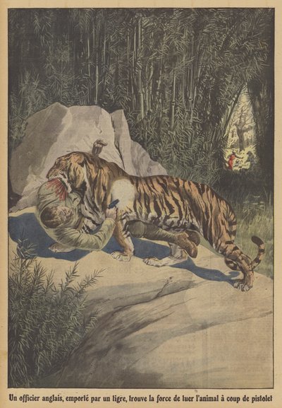 Un oficial británico, llevado por un tigre, encuentra la fuerza para matar al animal con su pistola de French School
