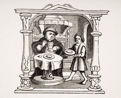 Un burgués comiendo su comida, después de una ilustración en un manuscrito del siglo XVI, de Le Moyen Age et La Renaissance de Paul Lacroix (1806-84) publicado en 1847 de French School