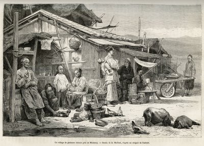 Un pueblo pesquero chino cerca de Monterey, California, testimonio de la importante comunidad china establecida en la costa del Pacífico de los Estados Unidos. Grabado después del dibujo de D. Maillard, para ilustrar la historia La conquista blanca, por Wi de French School