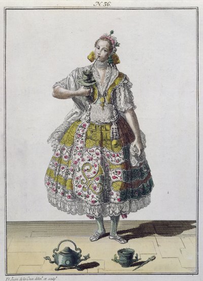 Una dama criolla de Lima, Perú (grabado en color) de French School