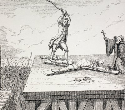 Un criminal condenado a muerte siendo quebrado en una cruz de San Andrés en el siglo XVIII en Francia, 1875 de French School