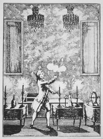 Una demostración de magia de La magie Blanche devoilee por Decremps, 1659, ilustrado en una Historia de la Magia, publicado a finales del siglo XIX de French School
