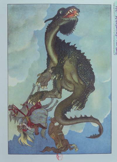 Un dragón cayendo del cielo, ilustración del cuento húngaro "La historia del hada Pervenche", c.1910 (litografía en color). de French School
