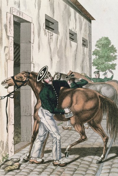 Un dragón acicalando su caballo, lámina 257 de una serie de soldados imperiales franceses, c.1800-10 de French School