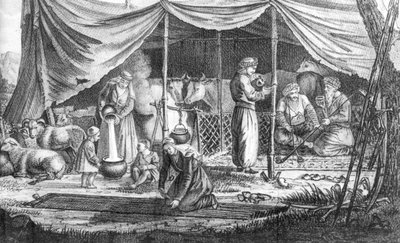 Una familia de nómadas kurdos, de Voyage en Perse por Gaspard Drouville, publicado en 1825 de French School