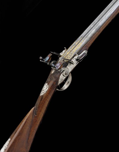 Fina y rara escopeta deportiva francesa de chispa de 20 calibres con montura de plata, c.1725 de French School