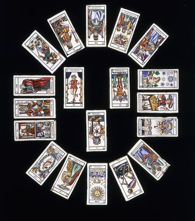 Panel de azulejos de gres francés, decorado con una baraja de cartas del Tarot de Marsella, siglo XX de French School