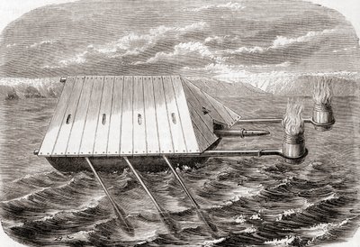 Un barco de fuego griego, según un dibujo en un manuscrito latino del siglo XIII, de Les Merveilles de la Science, publicado c.1870 (grabado) de French School