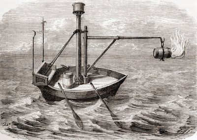 Un barco de fuego griego, según un dibujo en un manuscrito latino del siglo XIII, de Les Merveilles de la Science, publicado c.1870 de French School