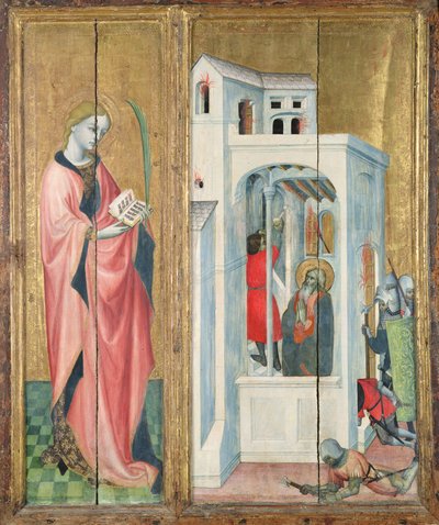 Un Santo Mártir y el Discípulo de San Andrés Apagando el Fuego, panel izquierdo del retablo de Thouzon, Escuela de Provenza de French School