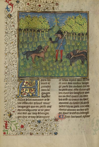 Un cazador entrenando perros para responder al llamado de un cuerno, c.1430-40 de French School