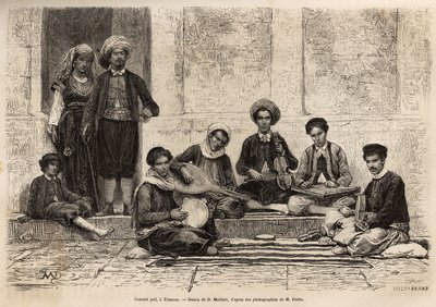 Una orquesta judía, en Tlemcen, invariablemente compuesta por 5 instrumentos: el rbab montado en 2 cuerdas; el kouistra, una especie de laúd; el kamendja, o violín; el centihr, una especie de caja trapezoidal plana y la derboucha, una especie de pandereta  de French School