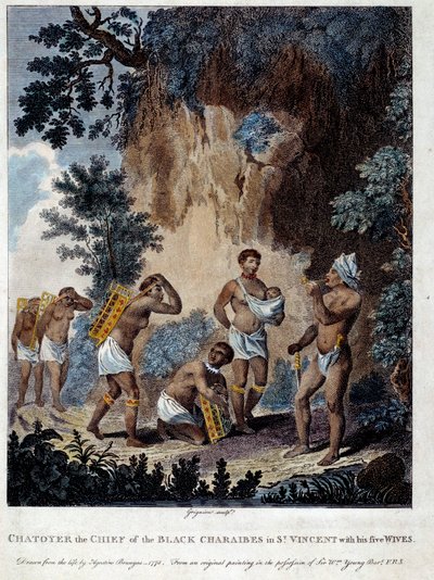 Un jefe caribe de la isla de San Vicente en las Indias Occidentales con sus cinco mujeres de French School
