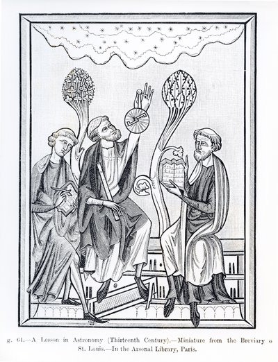 Una lección de astronomía, del Breviario de San Luis, ilustración de Ciencia y Literatura en la Edad Media y el Renacimiento, escrito y grabado por Paul Lacroix, 1878 de French School