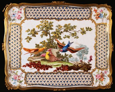 Una bandeja de Sèvres Luis XV decorada con tres pájaros exóticos en un paisaje, formando la parte superior de una mesa de café, 1761 de French School