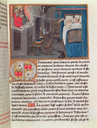 Una pareja casada en la cama recibiendo un niño de la Santísima Trinidad de French School