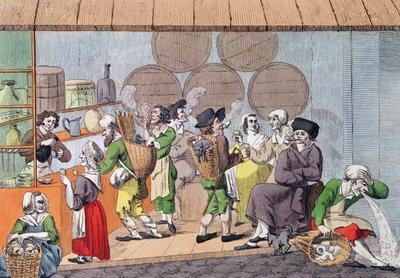 Una reunión de artistas, raspadores de barro y comerciantes de trapos, caricatura de un café popular en el Palais Royal en París, c.1800 de French School