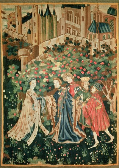 Un noble saludando a una dama con sus sirvientes, Arras de French School