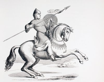 Un caballero normando vestido con cota de malla y casco llevando lanza y escudo de French School